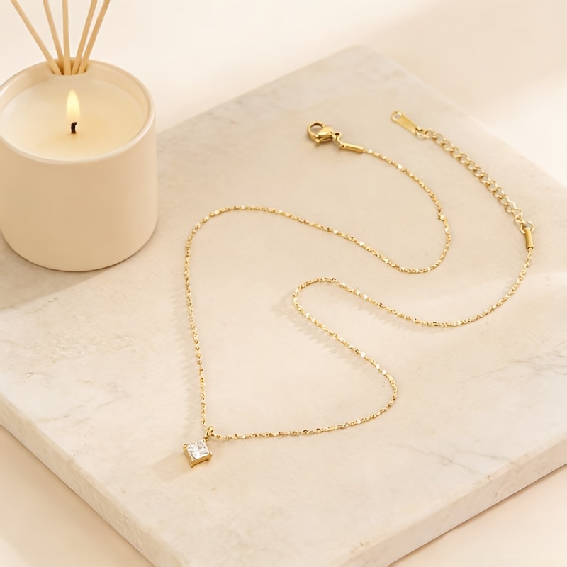 Y-Shaped Thin Chain Necklace with Mini Square Zirconia Pendant